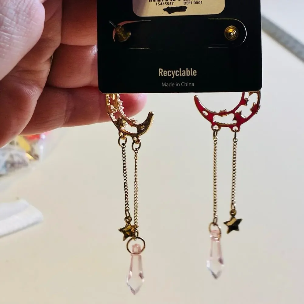 Celestial Moon Star Crystal Dangle Earrings Gold Tone Rhinestone Fairycore New